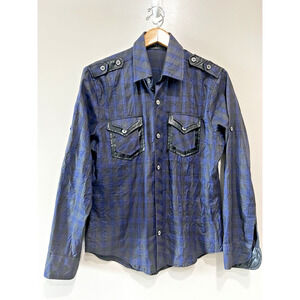 Rock & Roll Plaid Western Rave Shirt statement Gothic Faux leather trim Men's L